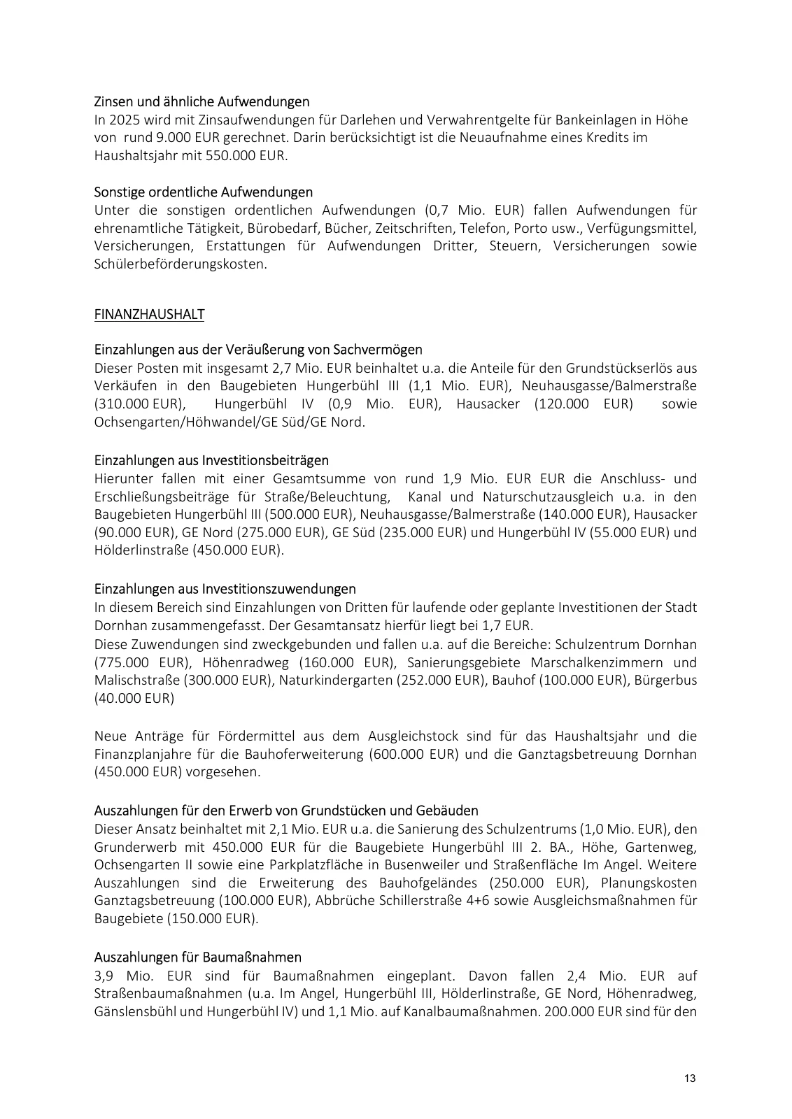 Stadt Dornhan, Haushaltsplan 2025, Seite 13.