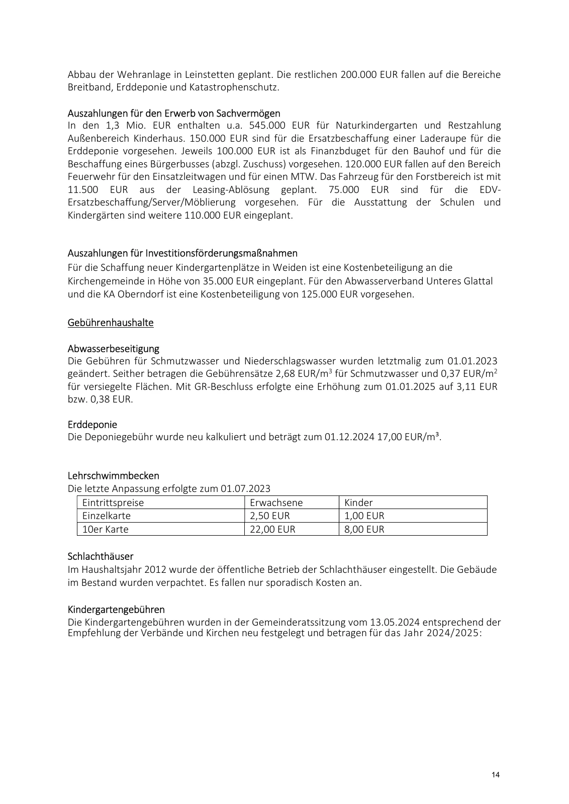 Stadt Dornhan, Haushaltsplan 2025, Seite 14.